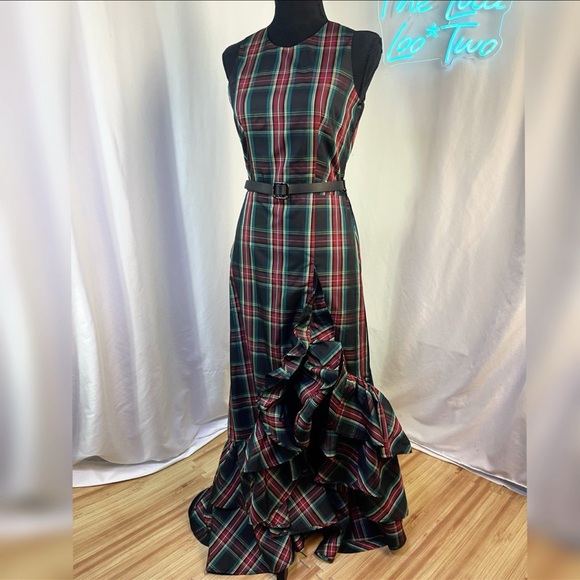 NWT Boston Proper Tartan Plaid Sleeveless High Neck Taffeta Ruffle Gown - Picture 3 of 12